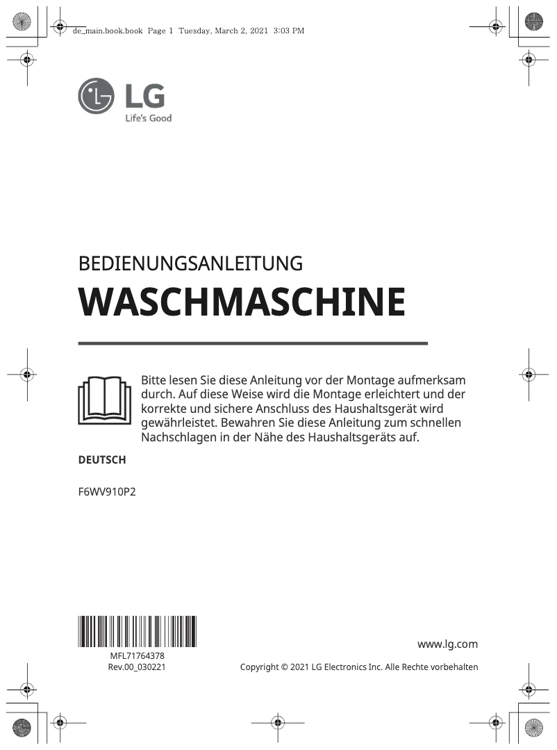 Page 1 de la notice Manuel utilisateur LG F6WV910P2