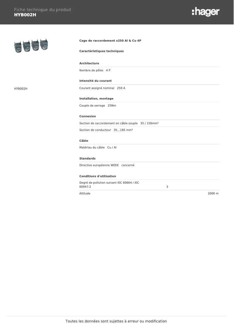 Page n°1 - Fiche technique Hager HYB002H