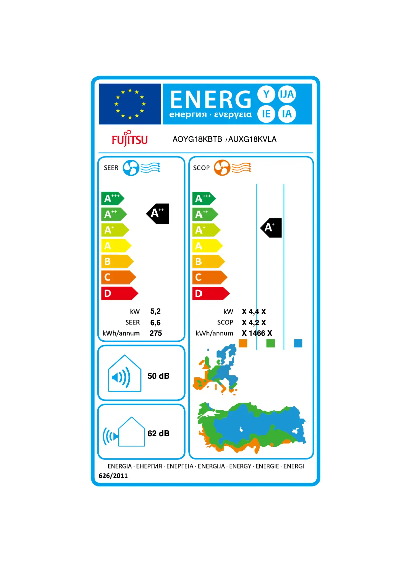 Page 1 de la notice Label énergétique Fujitsu AUXG18KVLA