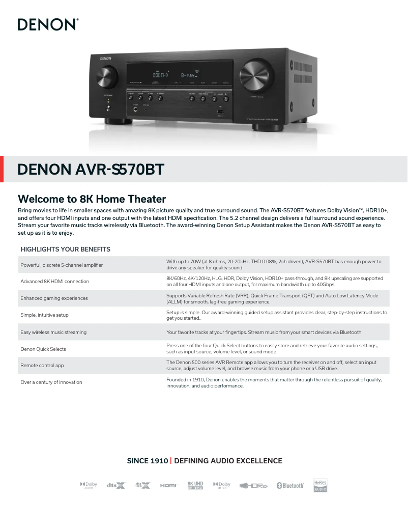 Page n°1 - Fiche technique Denon AVR-S570BT