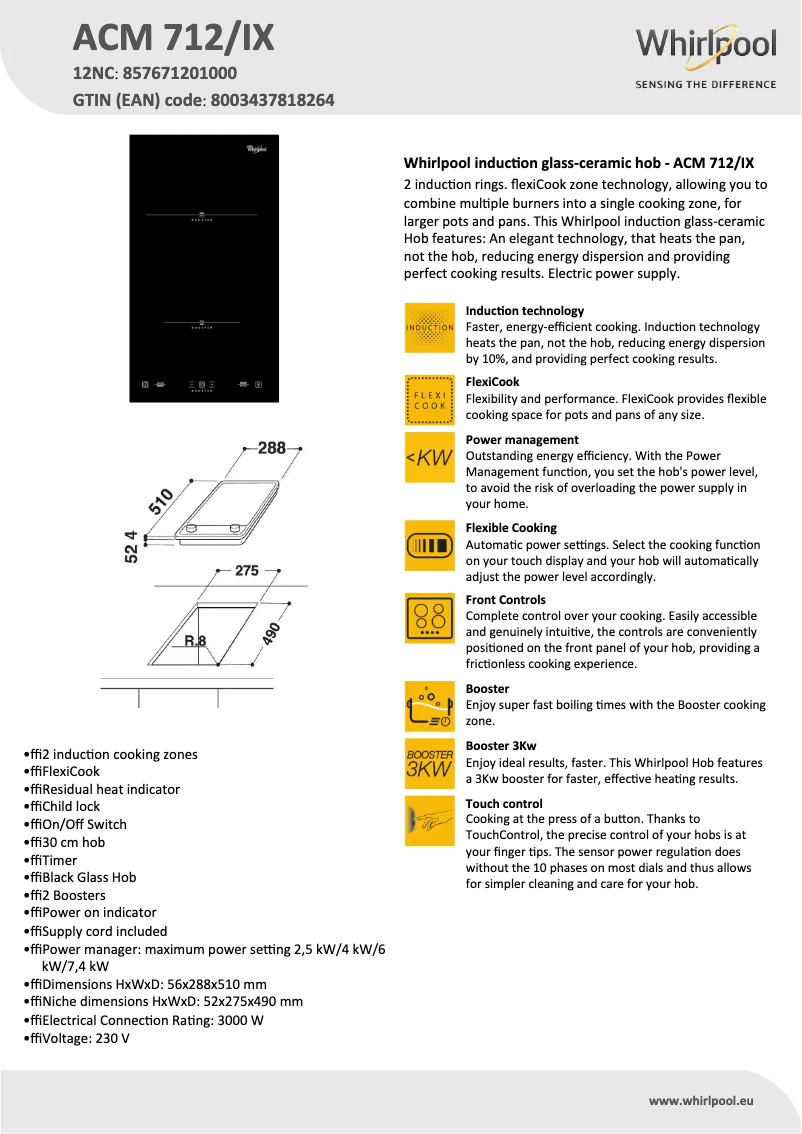 Page n°1 - Fiche technique Whirlpool ACM 712/IX
