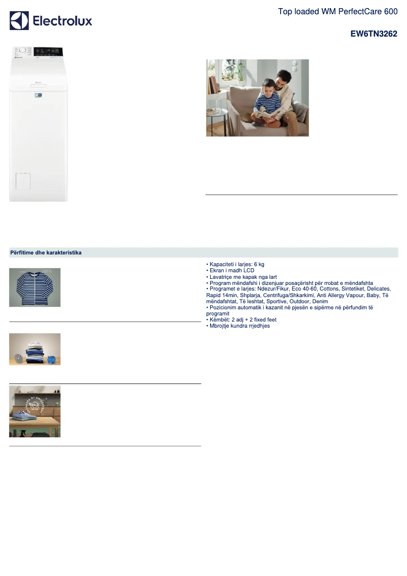 Page 1 de la notice Fiche technique Electrolux EW6TN3262