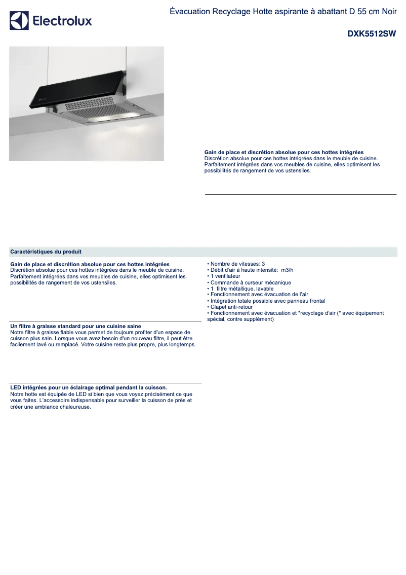 Page 1 de la notice Fiche technique Electrolux DXK5512SW