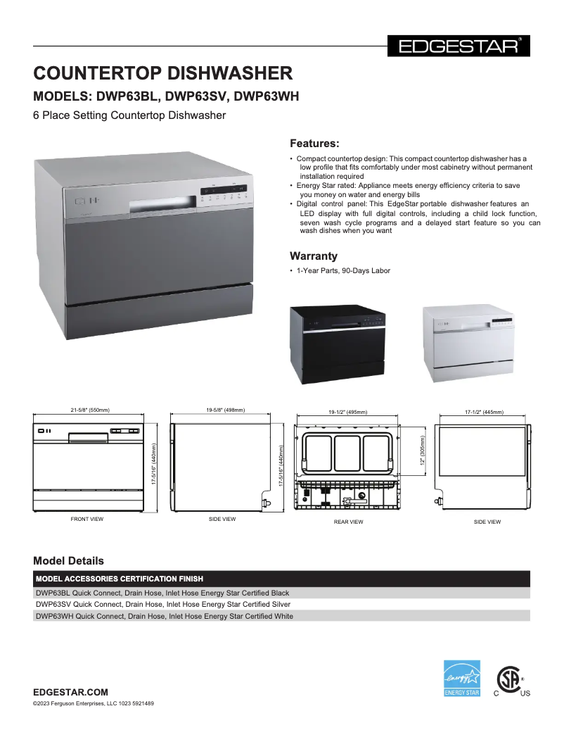 Page 1 de la notice Fiche technique EdgeStar DWP63BL