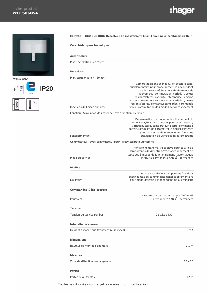 Page 1 de la notice Fiche technique Hager WHT50605A