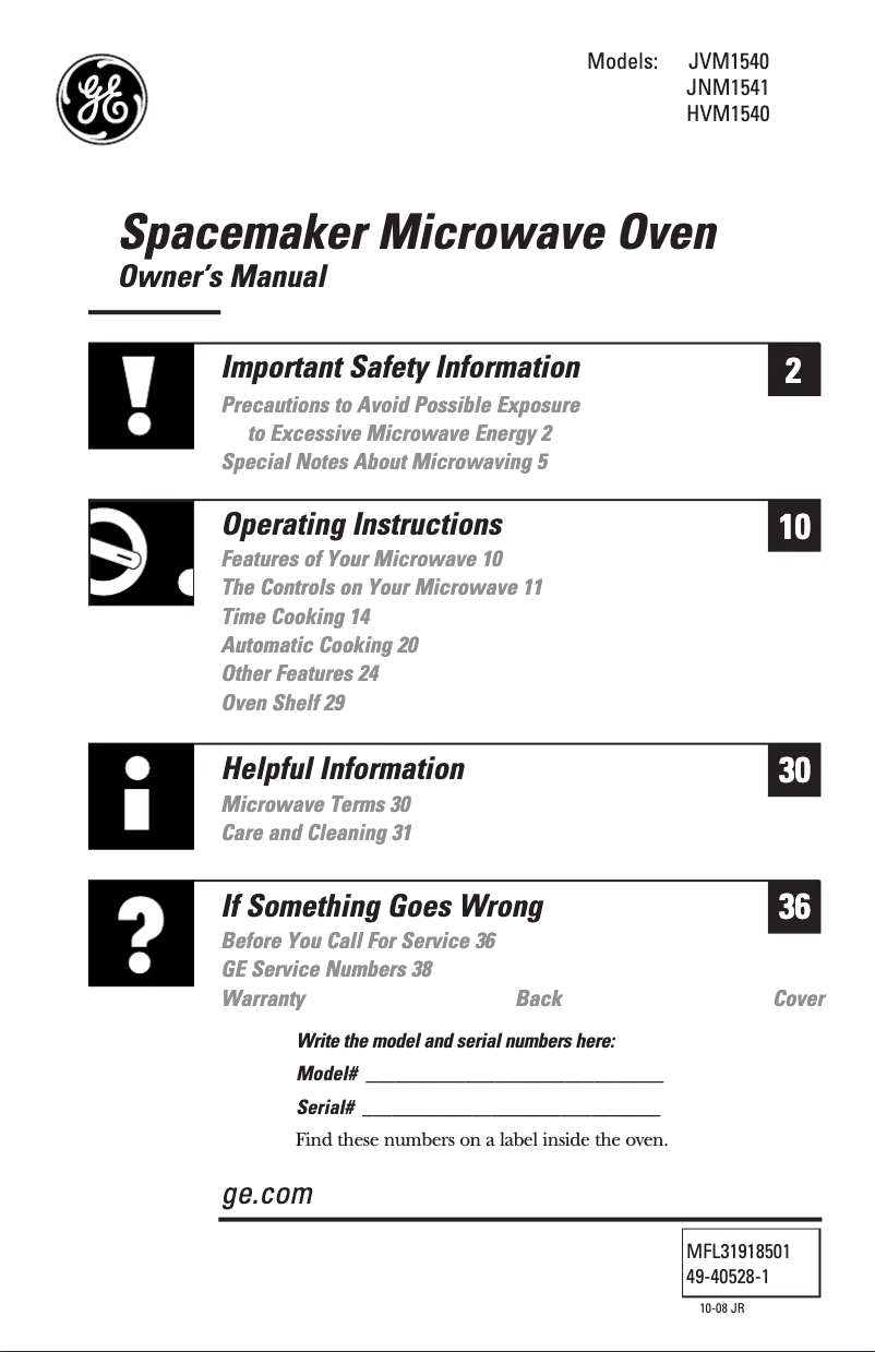 Page 1 of the manual User Manual GE Spacemaker JVM1540DPCC