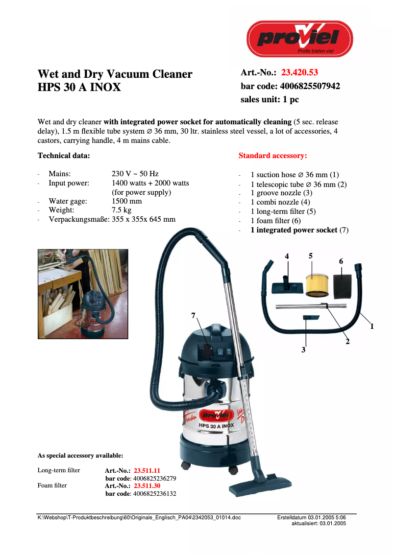 Page n°1 - Manuel utilisateur Proviel HPS 30A Inox