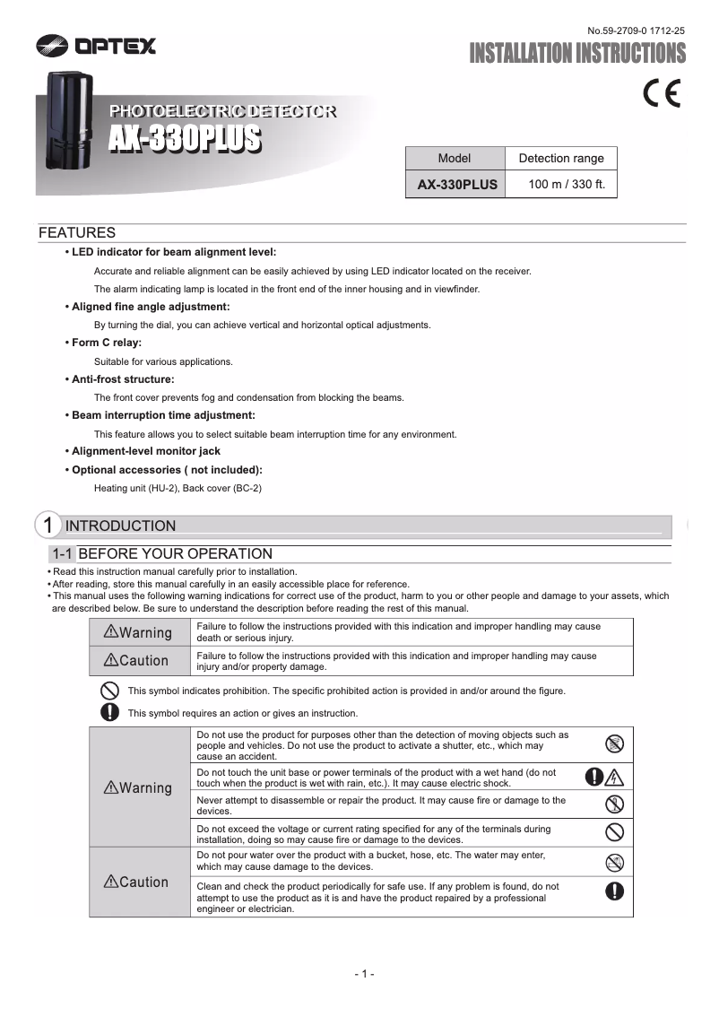 Page 1 de la notice Manuel utilisateur Optex AX-330PLUS