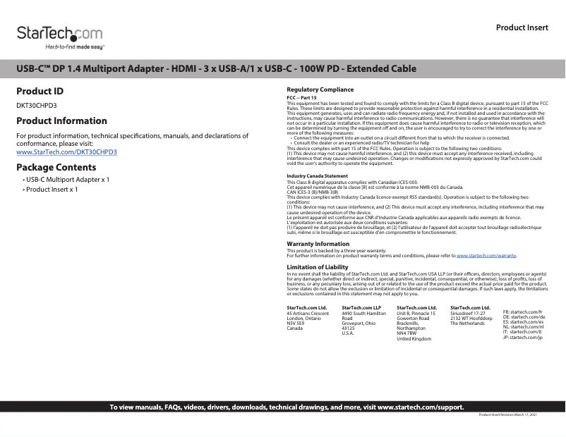 Page n°1 - Manuel utilisateur StarTech.com DKT30CHPD3