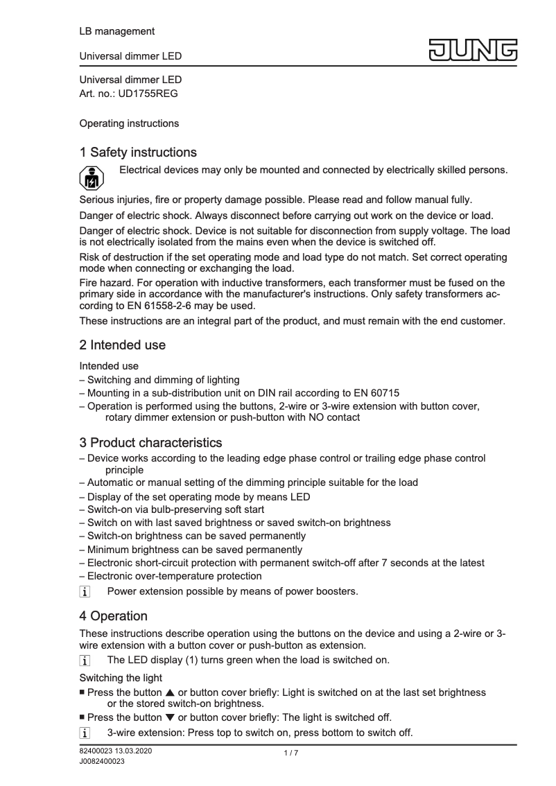 Page 1 de la notice Manuel utilisateur JUNG UD1755REG