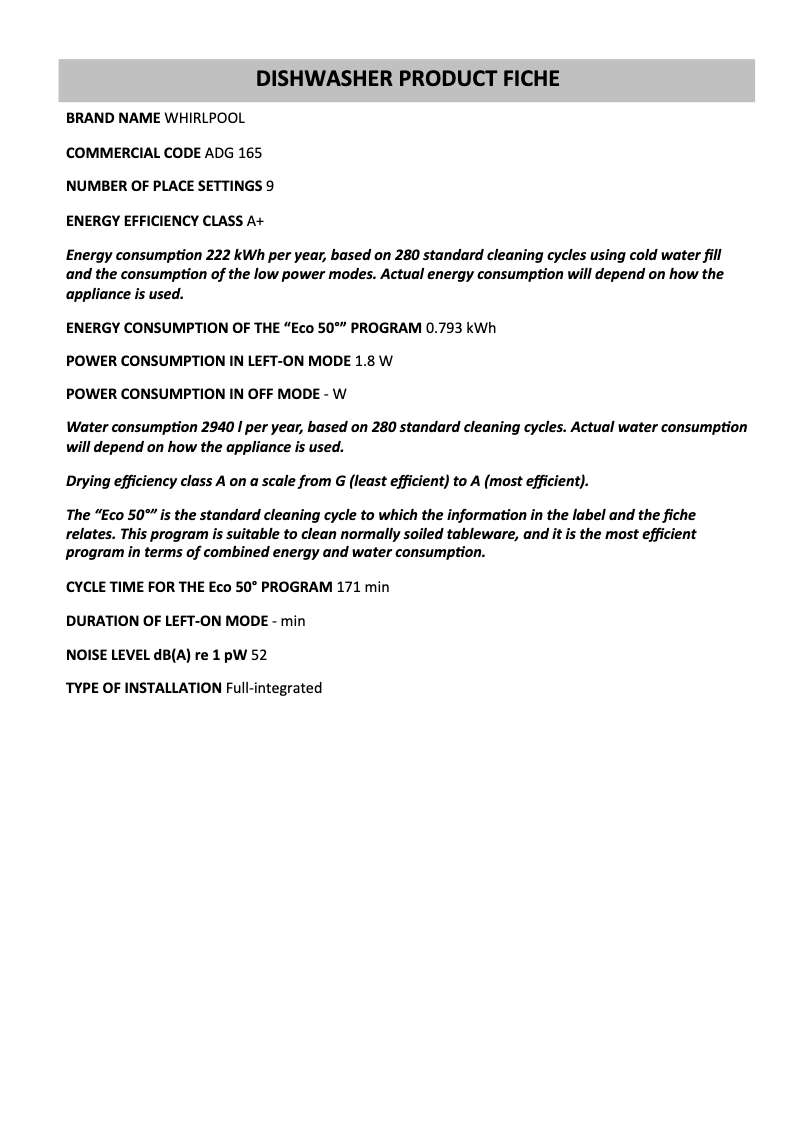Page n°1 - Manuel utilisateur Whirlpool ADG 165