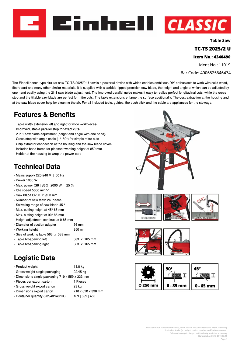 Page 1 de la notice Fiche technique Einhell TC-TS 2025/2 U