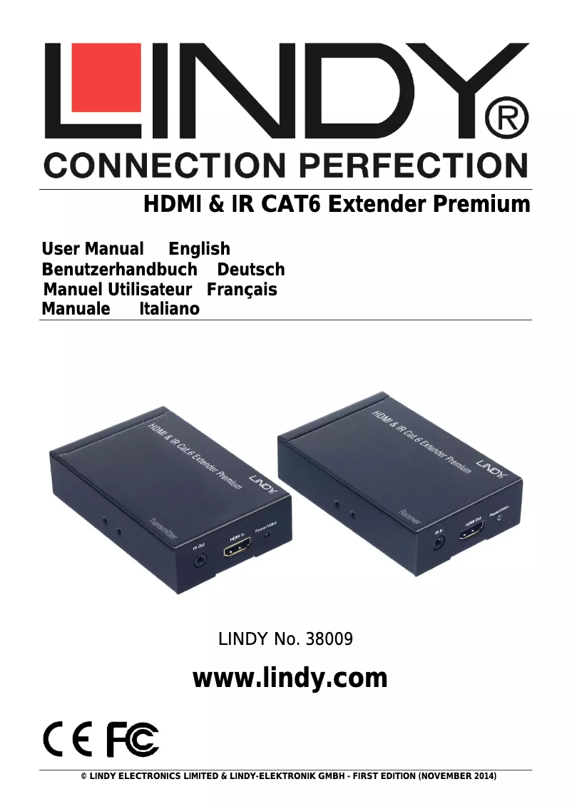 Page 1 de la notice Manuel utilisateur Lindy HDMI & IR CAT6 Extender Premium 38009