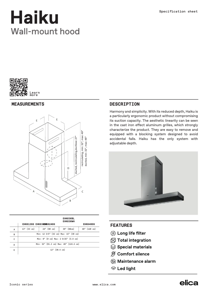 Page 1 de la notice Fiche technique Elica Haiku EHK613SS