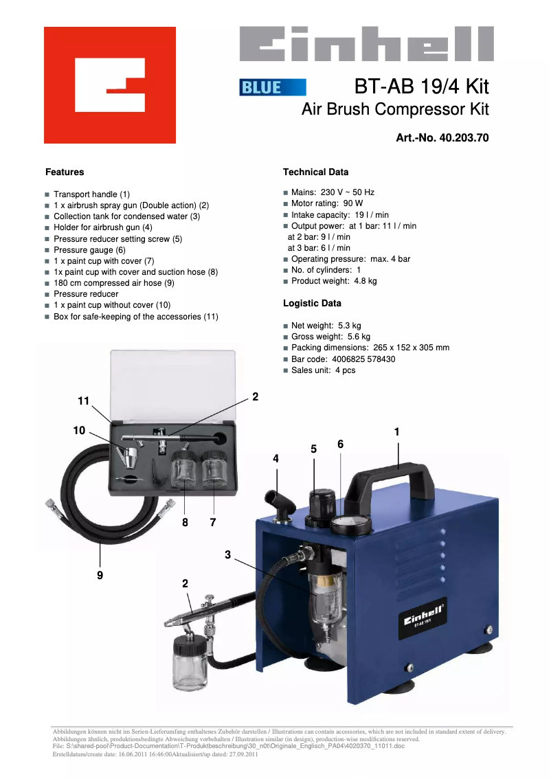 Page 1 de la notice Fiche technique Einhell BT-AB 19/4 Kit