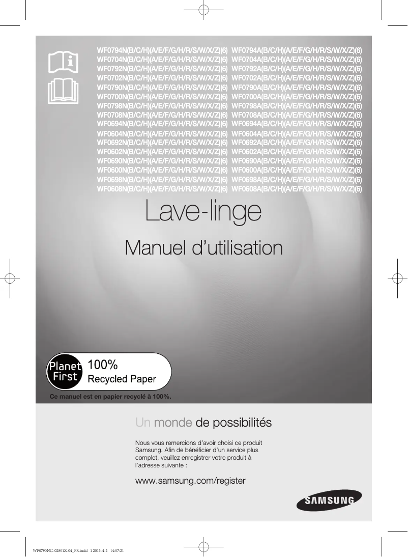 Page 1 de la notice Manuel utilisateur Samsung WF0790NCW