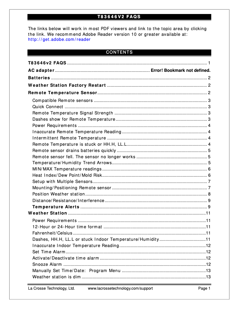 Page n°1 - FAQ La Crosse Technology T83646V2