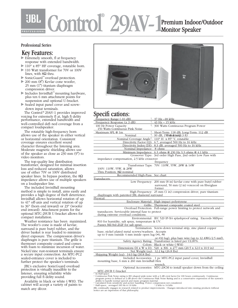 Page 1 de la notice Manuel utilisateur JBL Control 29AV