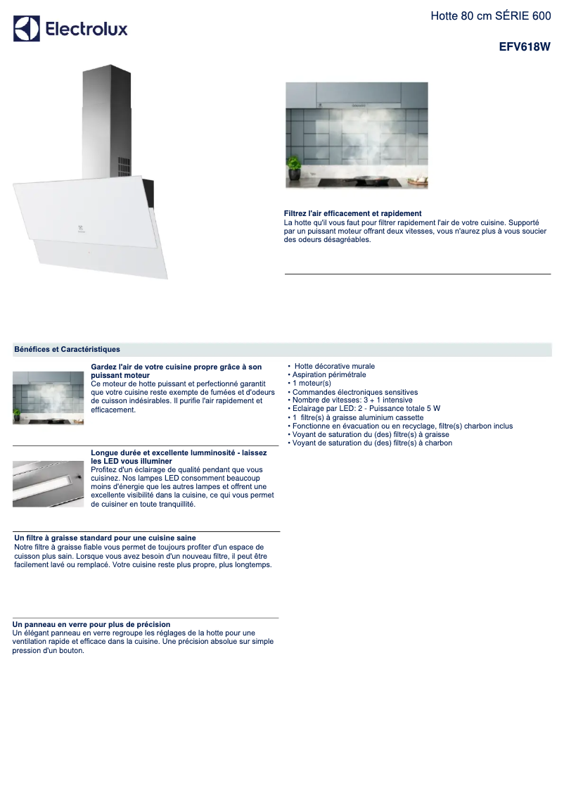 Page 1 de la notice Fiche technique Electrolux EFV618W