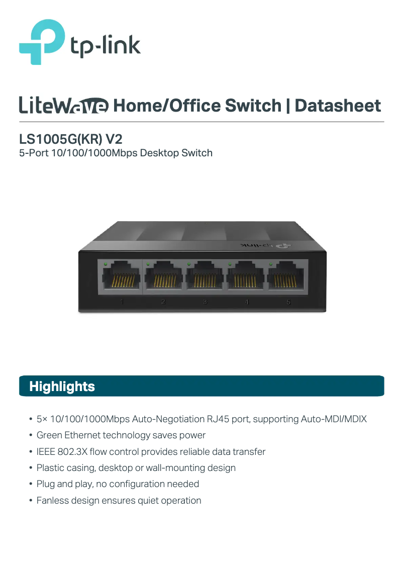 Page 1 de la notice Fiche technique TP-Link LiteWave LS1005G