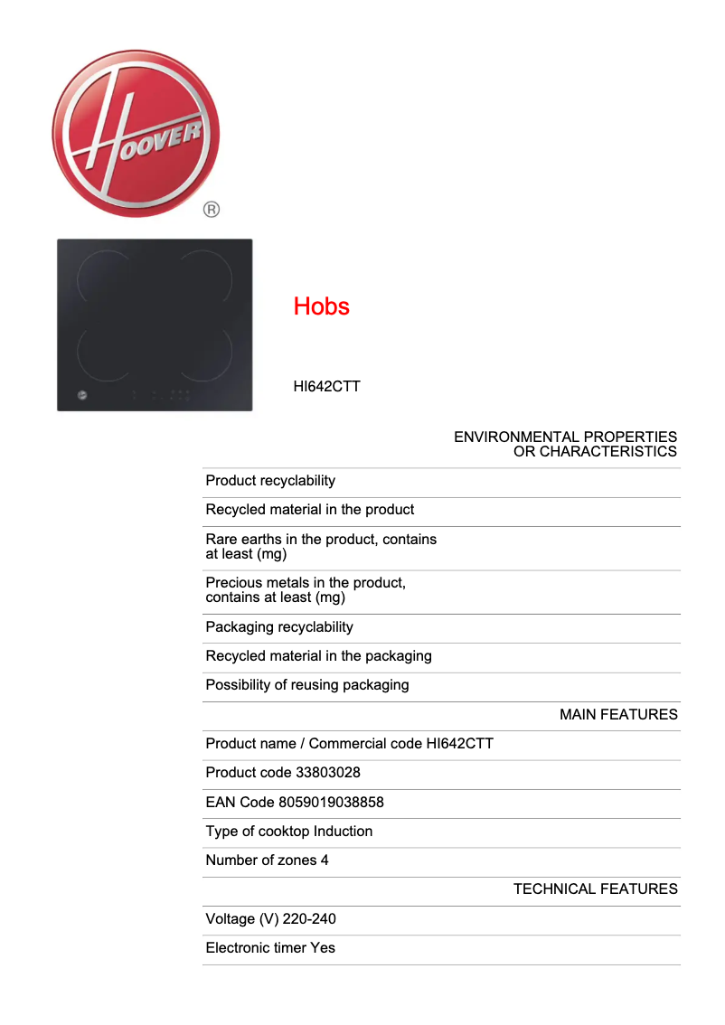 Page n°1 - Fiche technique Hoover HI642CTT
