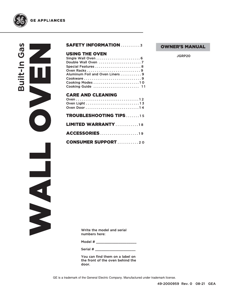 Image de la première page du manuel de l'appareil JGRP20WEJWW