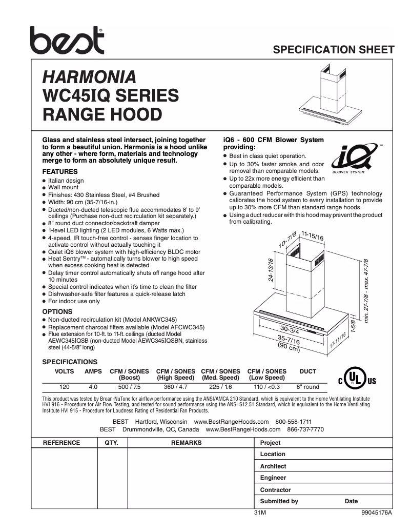 Page n°1 - Fiche technique Best Harmonia WC45E90SB
