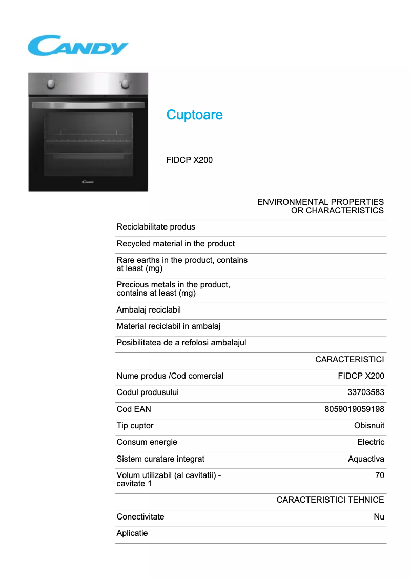 Page n°1 - Fiche technique Candy FIDCP X200