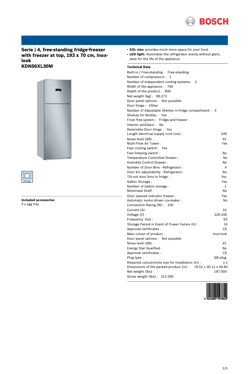 Page 1 de la notice Fiche technique Bosch KDN56XL30M