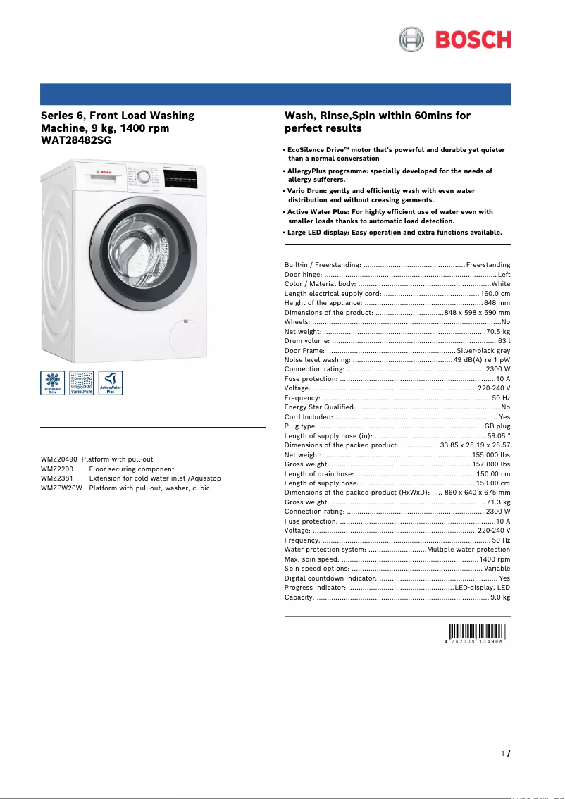 Image de la première page du manuel de l'appareil WAT28482SG