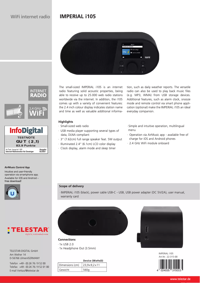 Page 1 de la notice Fiche technique Imperial i105