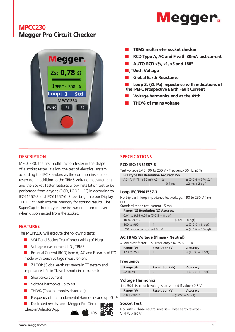 Page 1 de la notice Fiche technique Megger MPCC230