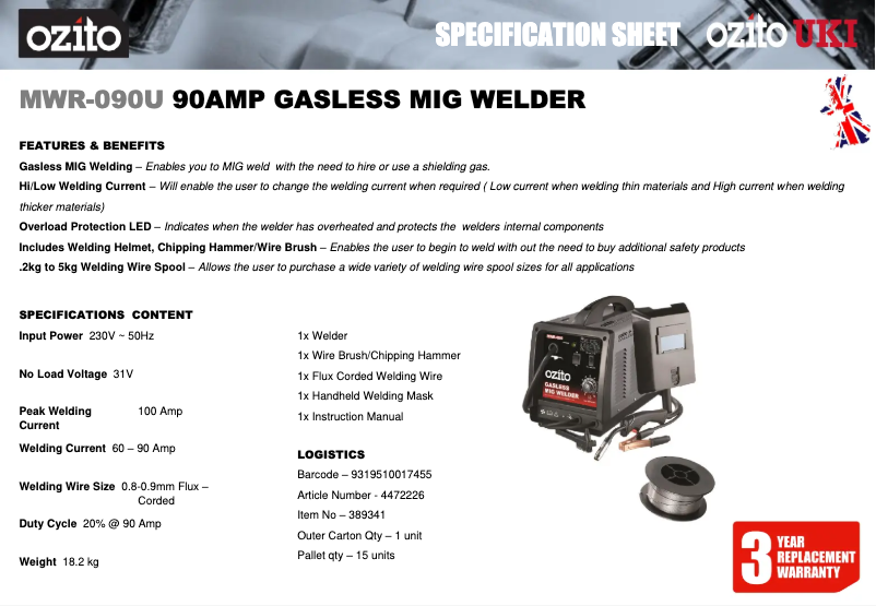 Page 1 de la notice Fiche technique Ozito MWR-090U