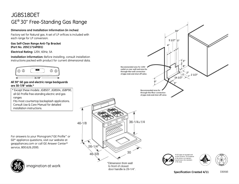 Page 1 of the manual Technical Sheet GE JGBS18DETBB