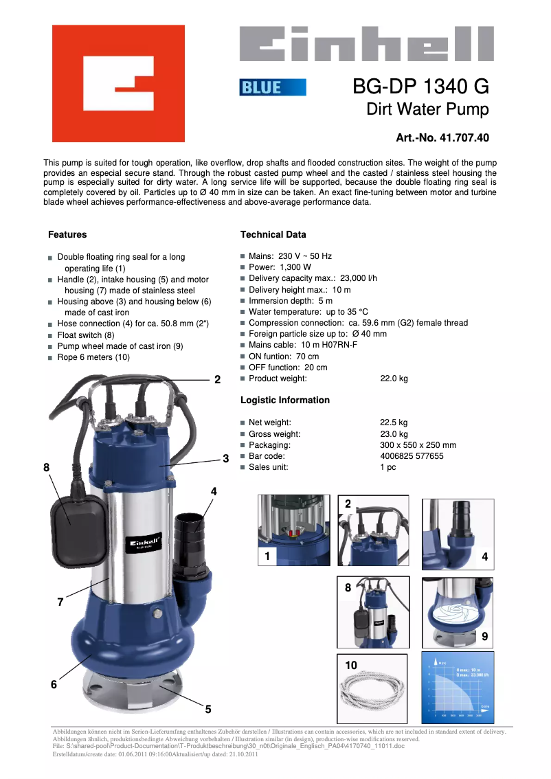 Page n°1 - Fiche technique Einhell BG-DP 1340 G