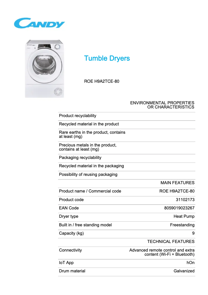 Page 1 de la notice Fiche technique Candy ROE H9A2TCE-80