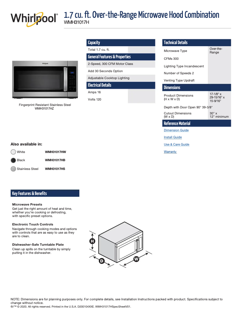 Page 1 de la notice Fiche technique Whirlpool WMH31017HZ