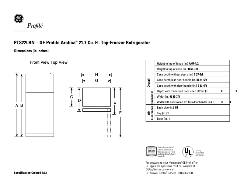 Página 1 del manual Ficha técnica GE PTS22LBNWW