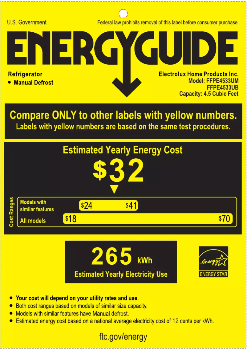 Página 1 del manual Etiqueta energética Frigidaire FFPE4533UM