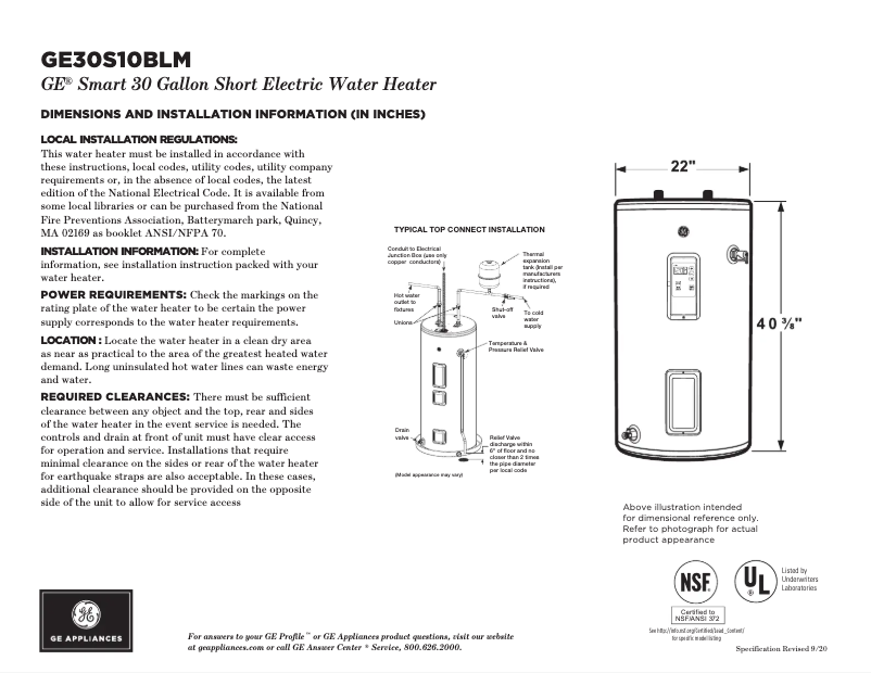 Page 1 de la notice Fiche technique GE GE30S10BLM