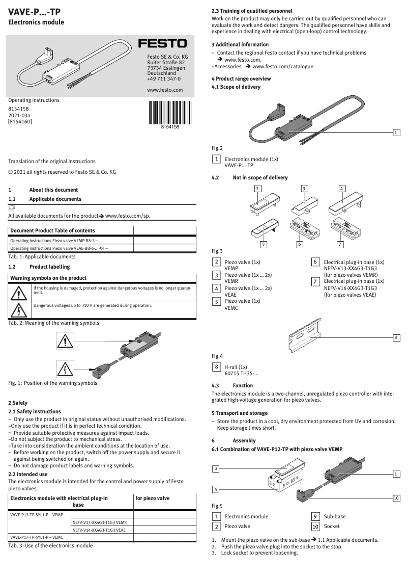 Page 1 de la notice Manuel utilisateur Festo VAVE-P17-TP-5YL1-P