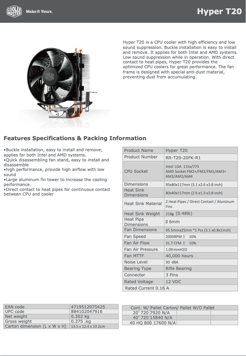 Page 1 de la notice Fiche technique Cooler Master Hyper T20