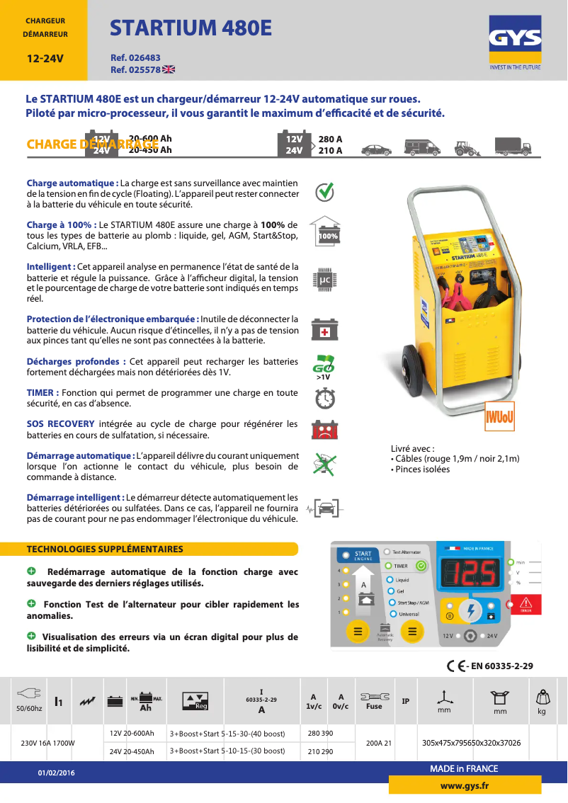 Page 1 de la notice Fiche technique GYS Startium 480E