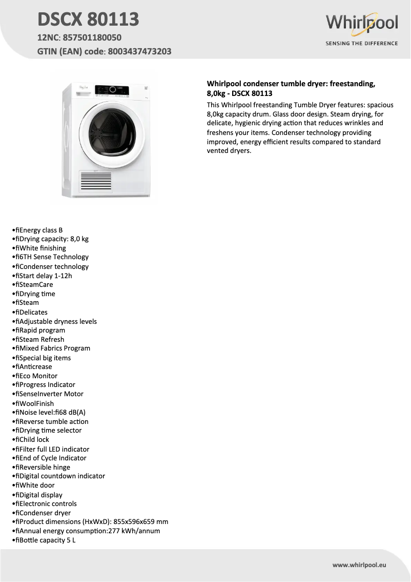 Página 1 del manual Ficha técnica Whirlpool DSCX 80113