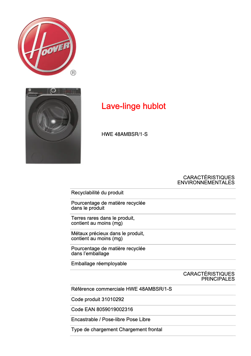 Image de la première page du manuel de l'appareil HWE 48AMBSR/1-S