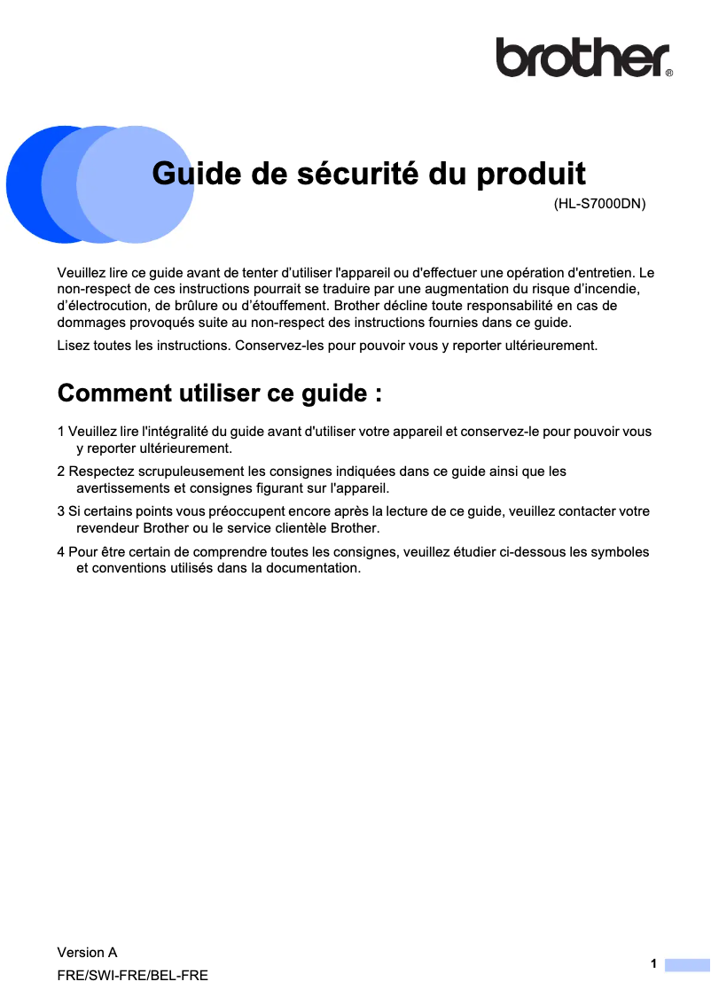 Page 1 de la notice Instructions de sécurité Brother HL-S7000DN