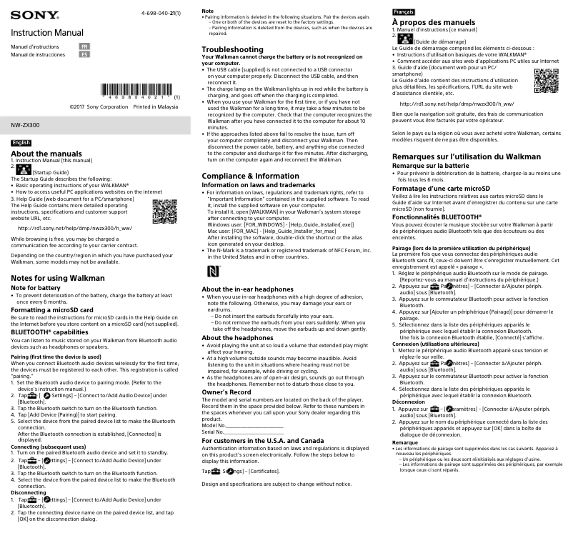 Page n°1 - Manuel utilisateur Sony NW-ZX300