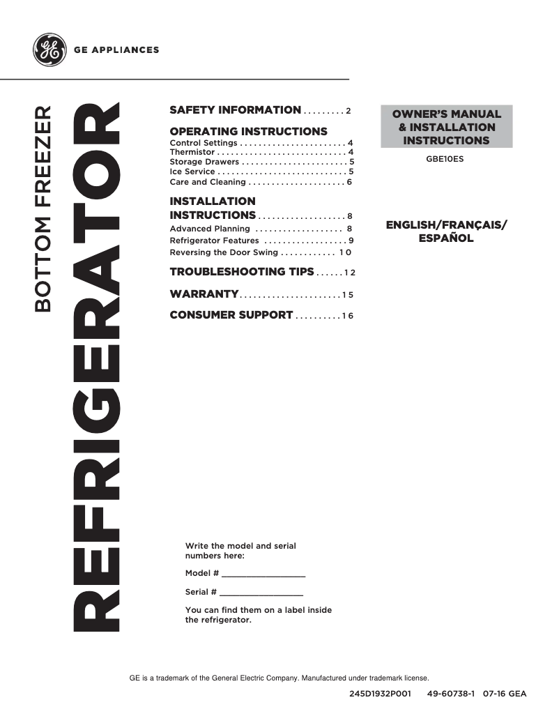 Page n°1 - Guide d'installation GE GBE10ESJSB