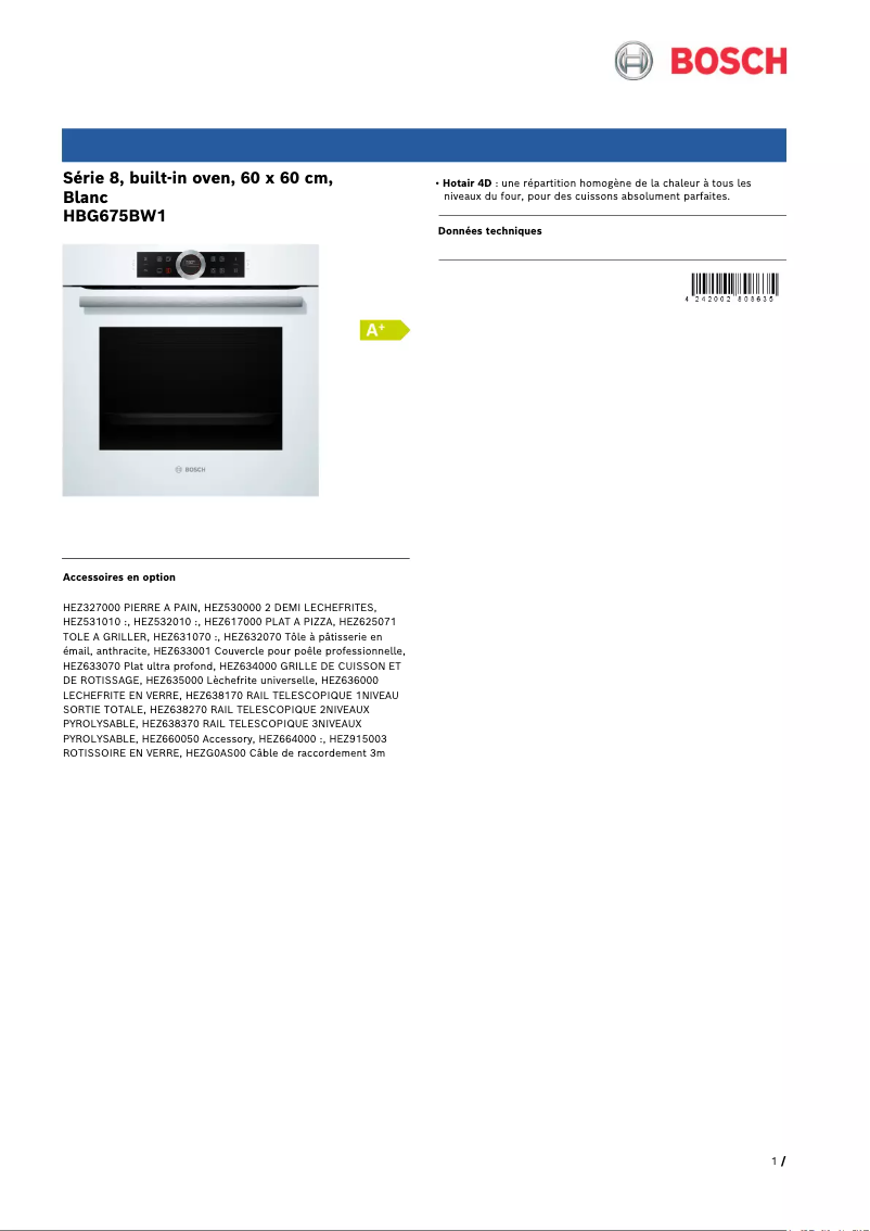 Page 1 de la notice Fiche technique Bosch HBG675BW1