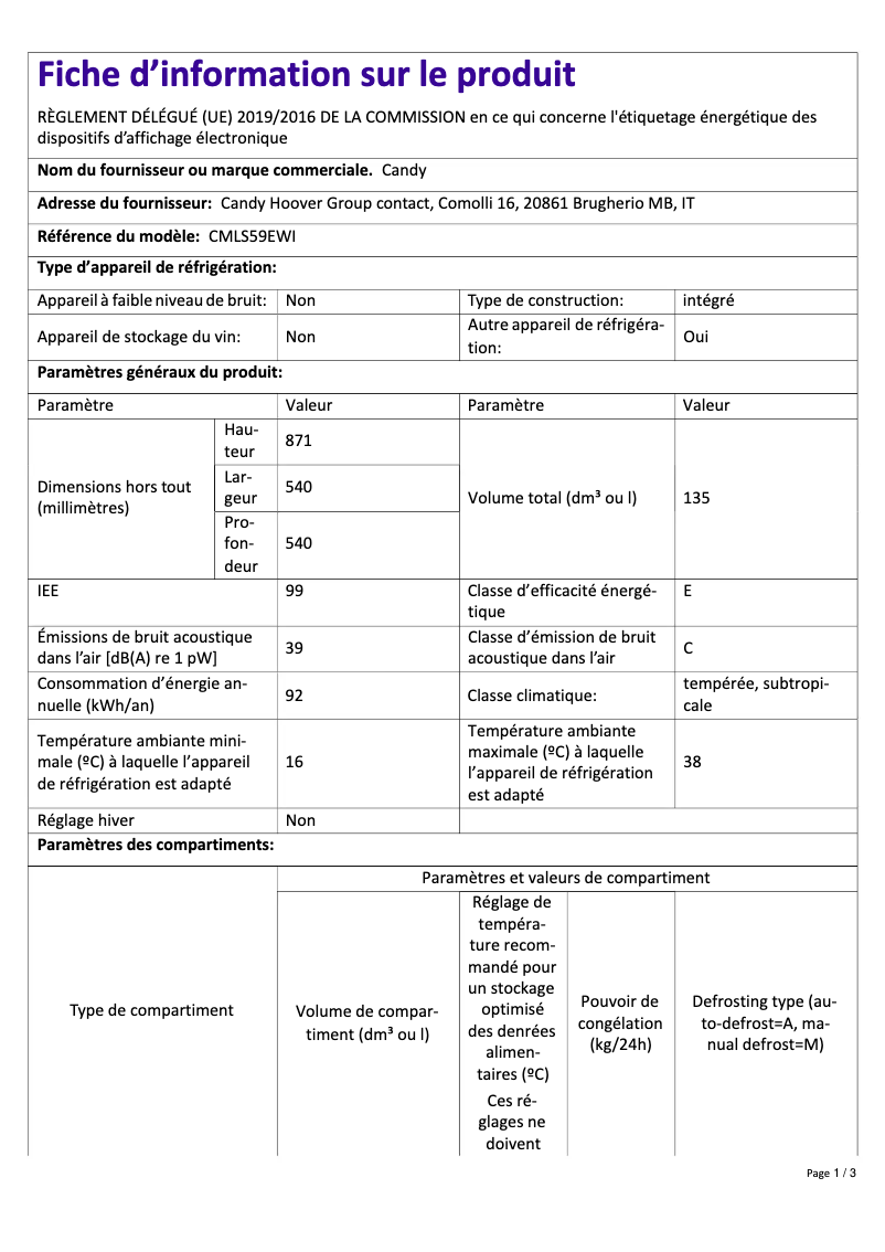 Page 1 de la notice Fiche technique Candy CMLS59EWI